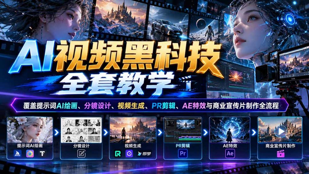 AI视频黑科技全套教学：覆盖提示词AI绘画、分镜设计、视频生成、PR剪辑、AE特效与商业宣传片制作全流程-孔明聊项目