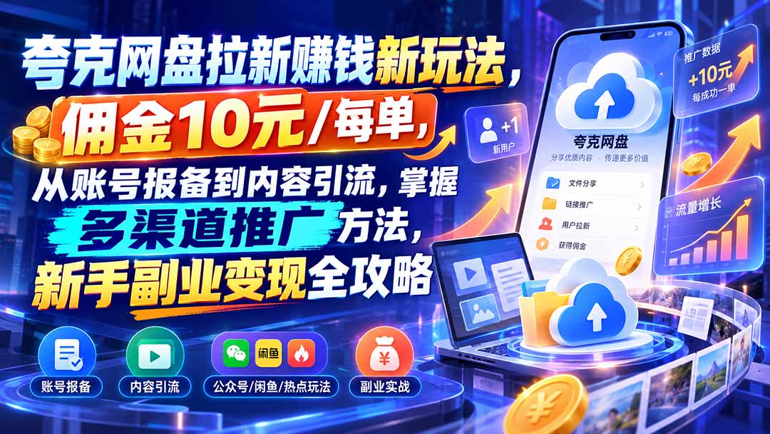 夸克网盘拉新赚钱新玩法，佣金10元/每单，从账号报备到内容引流，掌握多渠道推广方法，新手副业变现全攻略-孔明聊项目