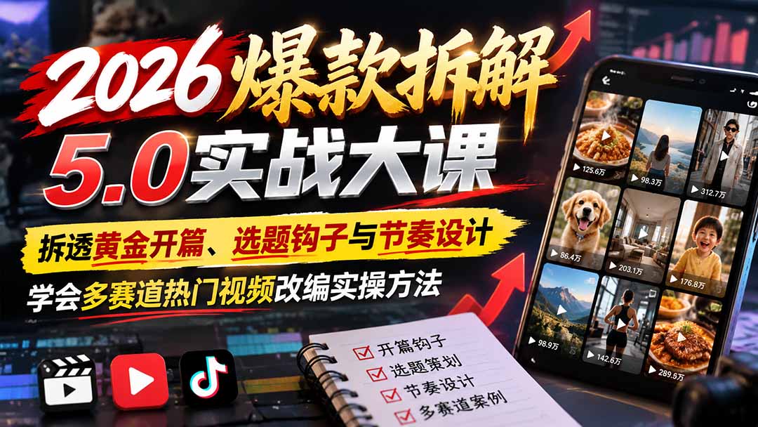 2026爆款拆解5.0实战大课：拆透黄金开篇、选题钩子与节奏设计，学会多赛道热门视频改编实操方法-孔明聊项目