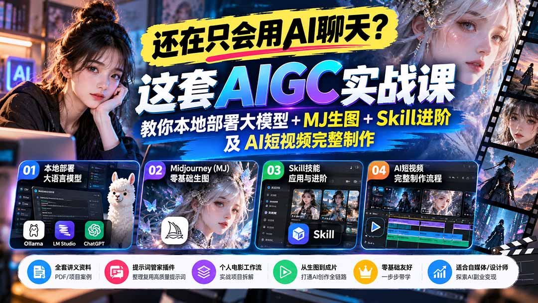 【无水印】还在只会用AI聊天？这套AIGC实战课教你本地部署大模型+MJ生图+Skill进阶及AI短视频完整制作-孔明聊项目