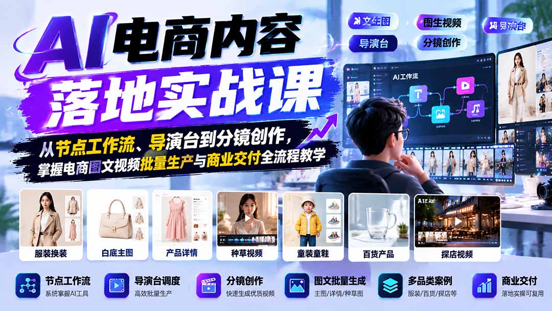 AI电商内容落地实战课：从节点工作流、导演台到分镜创作，掌握电商图文视频批量生产与商业交付全流程教学-孔明聊项目