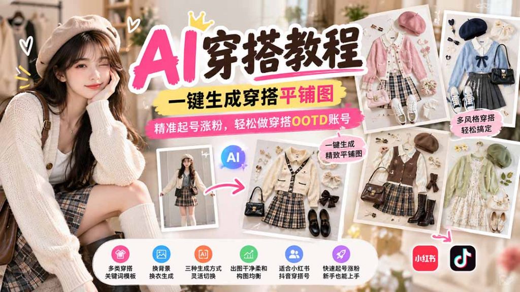 【无水印】AI穿搭教程｜一键生成穿搭平铺图，精准起号涨粉，轻松做穿搭OOTD账号-孔明聊项目