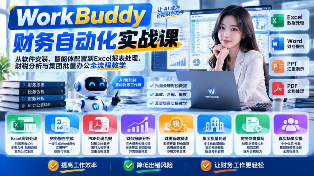 WorkBuddy财务自动化实战课：从软件安装、智能体配置到Excel报表处理、财税分析与集团批量办公全流程教学-孔明聊项目