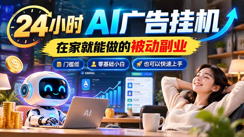 24小时AI广告挂机｜在家就能做的被动副业，门槛低，零基础小白也可以快速上手-孔明聊项目