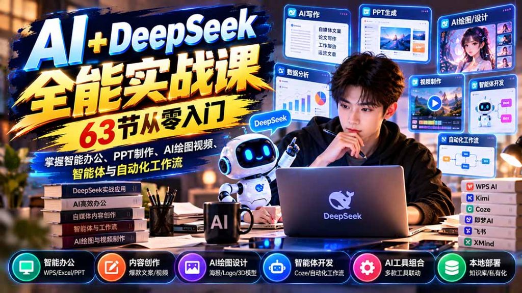 AI+DeepSeek全能实战课：63节从零入门，掌握智能办公、PPT制作、AI绘图视频、智能体与自动化工作流-孔明聊项目