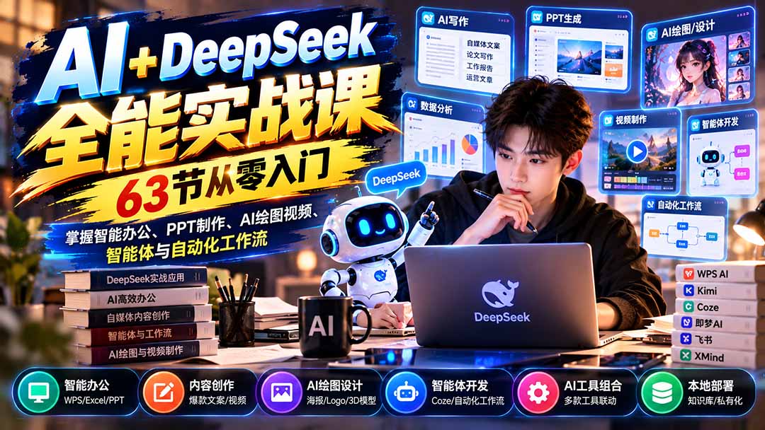 AI+DeepSeek全能实战课：63节从零入门，掌握智能办公、PPT制作、AI绘图视频、智能体与自动化工作流-孔明聊项目