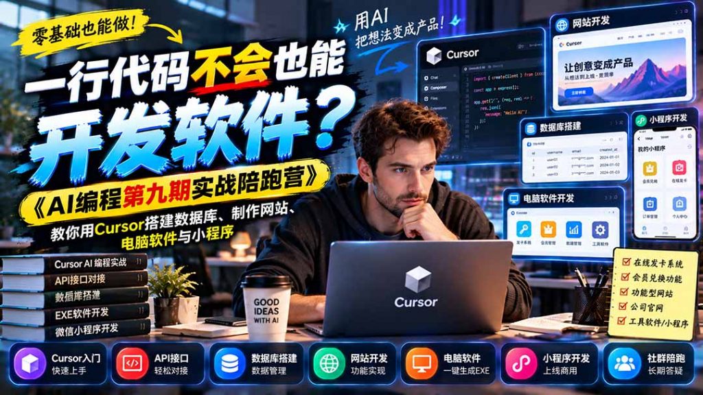 一行代码不会也能开发软件？《AI编程第九期实战陪跑营》教你用Cursor搭建数据库、制作网站、电脑软件与小程序-孔明聊项目