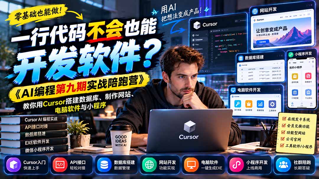 一行代码不会也能开发软件？《AI编程第九期实战陪跑营》教你用Cursor搭建数据库、制作网站、电脑软件与小程序-孔明聊项目