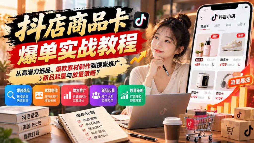 抖店商品卡爆单实战教程:从高潜力选品、爆款素材制作到搜索推广、新品起量与放量策略-孔明聊项目