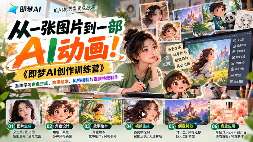 【无水印】从一张图片到一部AI动画!《即梦AI创作训练营》系统学习角色生成、故事绘本、风格控制与视频特效制作-孔明聊项目