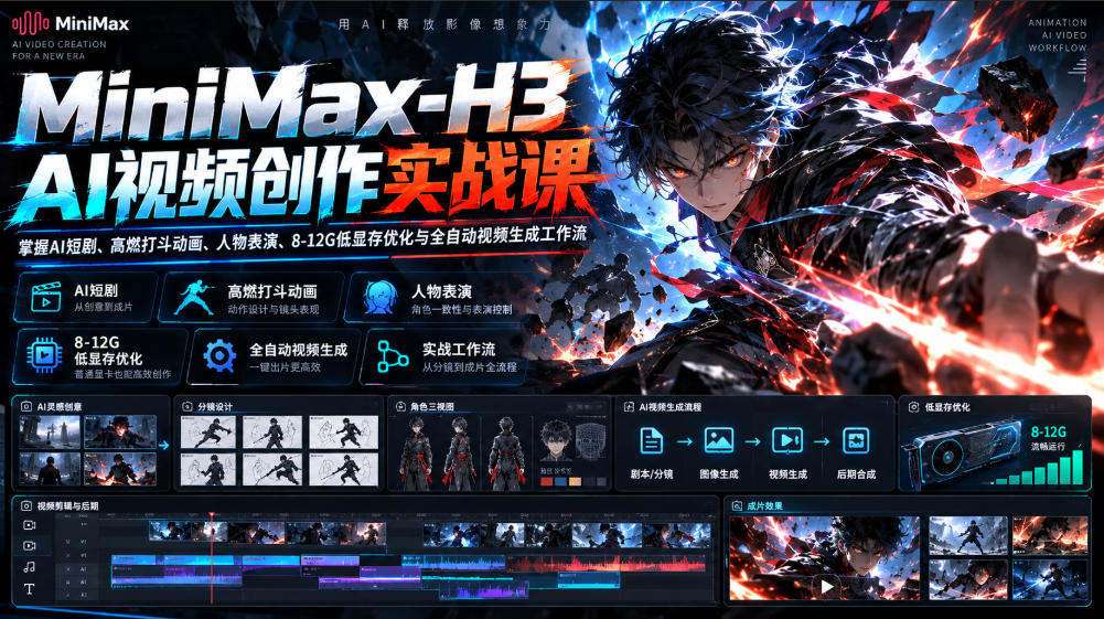 MiniMax-H3 AI视频创作实战课，掌握AI短剧、高燃打斗动画、人物表演、8-12G低显存优化与全自动视频生成工作流-孔明聊项目
