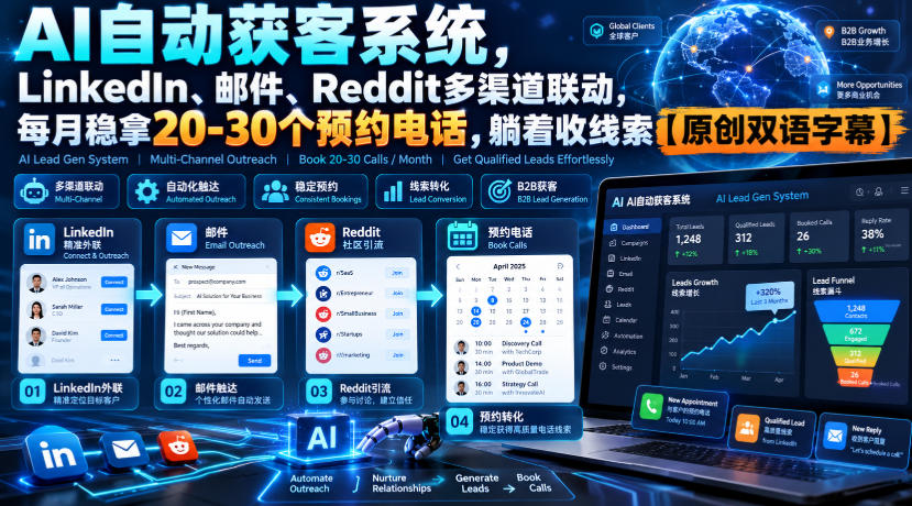 【无水印】AI自动获客系统，LinkedIn、邮件、Reddit多渠道联动，每月稳拿20-30个预约电话，躺着收线索【原创双语字幕】-孔明聊项目
