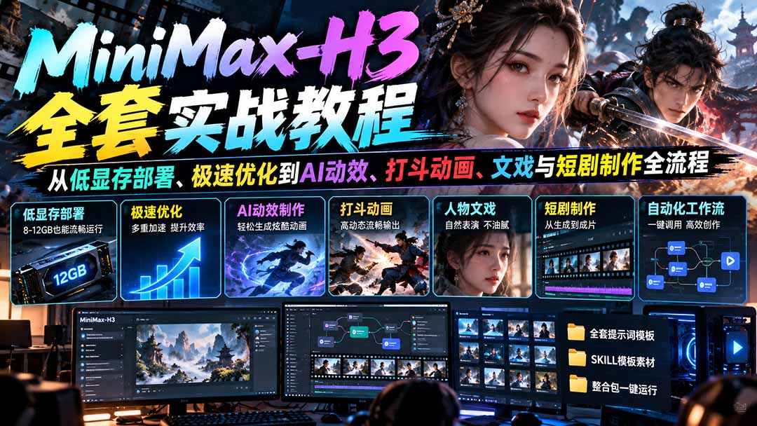 MiniMax-H3全套实战教程：从低显存部署、极速优化到AI动效、打斗动画、文戏与短剧制作全流程-孔明聊项目