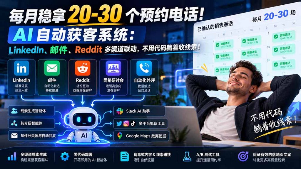 每月稳拿 20-30 个预约电话！AI 自动获客系统：LinkedIn、邮件、Reddit 多渠道联动，不用代码躺着收线索！-孔明聊项目