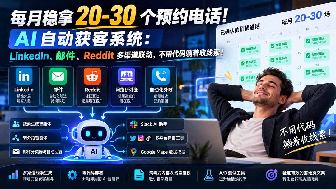 每月稳拿 20-30 个预约电话！AI 自动获客系统：LinkedIn、邮件、Reddit 多渠道联动，不用代码躺着收线索！-孔明聊项目