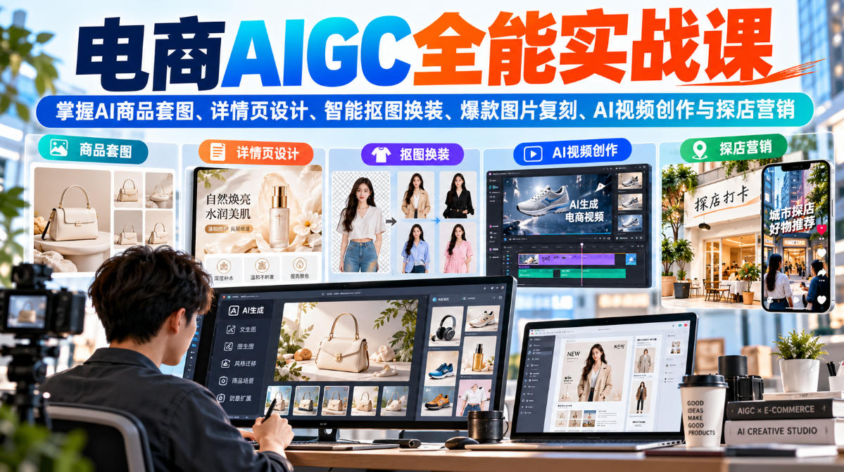 电商AIGC全能实战课：掌握AI商品套图、详情页设计、智能抠图换装、爆款图片复刻、AI视频创作与探店营销-孔明聊项目