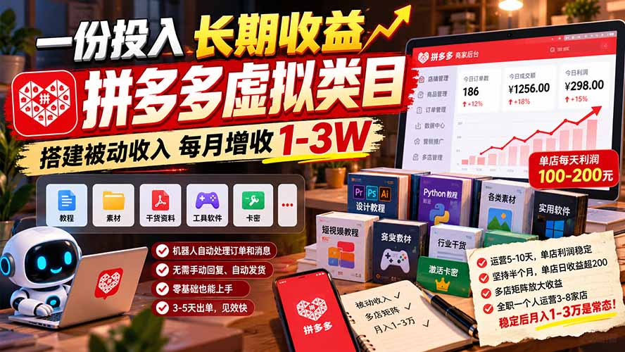 一份投入长期收益，拼多多虚拟类目，搭建被动收入每月增收 1-3W-孔明聊项目