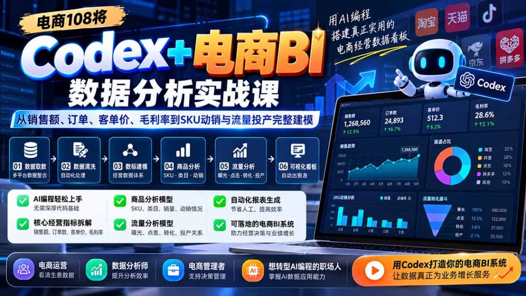 Codex+电商BI数据分析实战课-更新1026：从销售额、订单、客单价、毛利率到SKU动销与流量投产完整建模-孔明聊项目