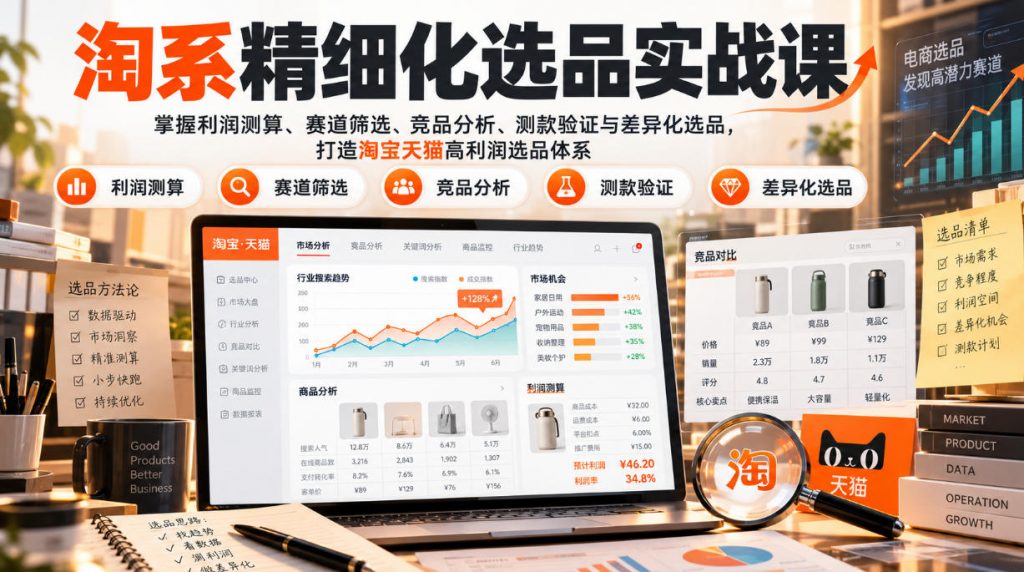货架电商精细化选品实战课：掌握利润测算、赛道筛选、竞品分析、测款验证与差异化选品，打造淘宝天猫高利润选品体系-孔明聊项目