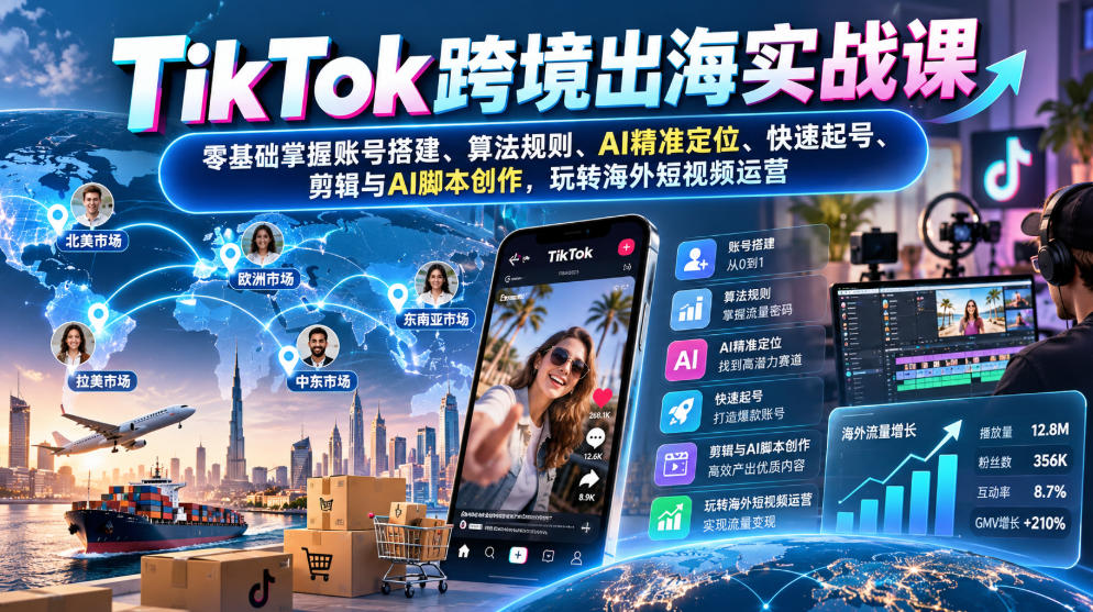 TikTok跨境出海实战课：零基础掌握账号搭建、算法规则、AI精准定位、快速起号、剪辑与AI脚本创作，玩转海外短视频运营-孔明聊项目