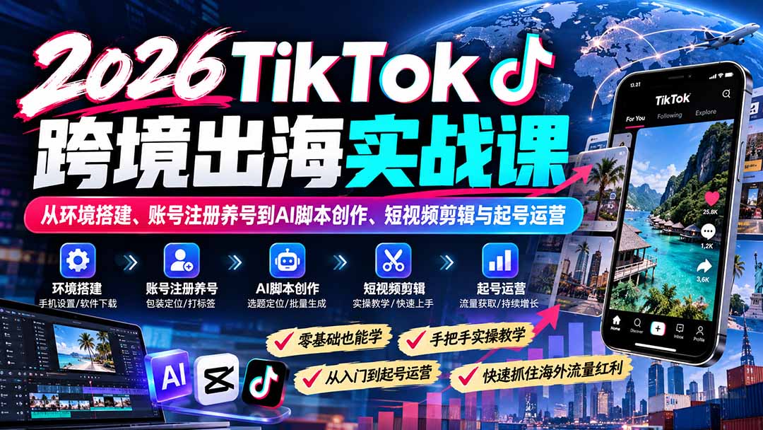 2026TikTok跨境出海实战课：从环境搭建、账号注册养号到AI脚本创作、短视频剪辑与起号运营-孔明聊项目