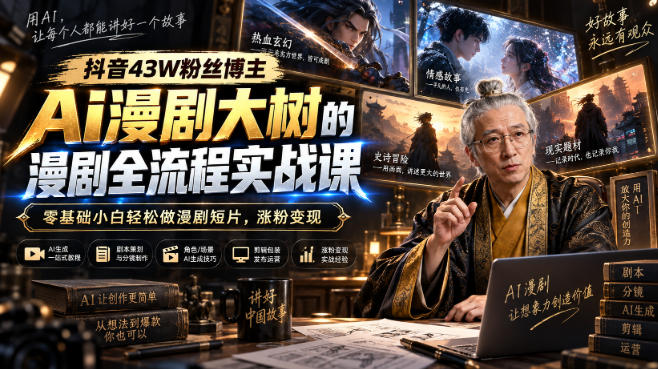 抖音43W粉丝博主Ai漫剧大树的漫剧制作全流程实战课，零基础小白轻松做漫剧短片，涨粉变现(更新1027)-孔明聊项目