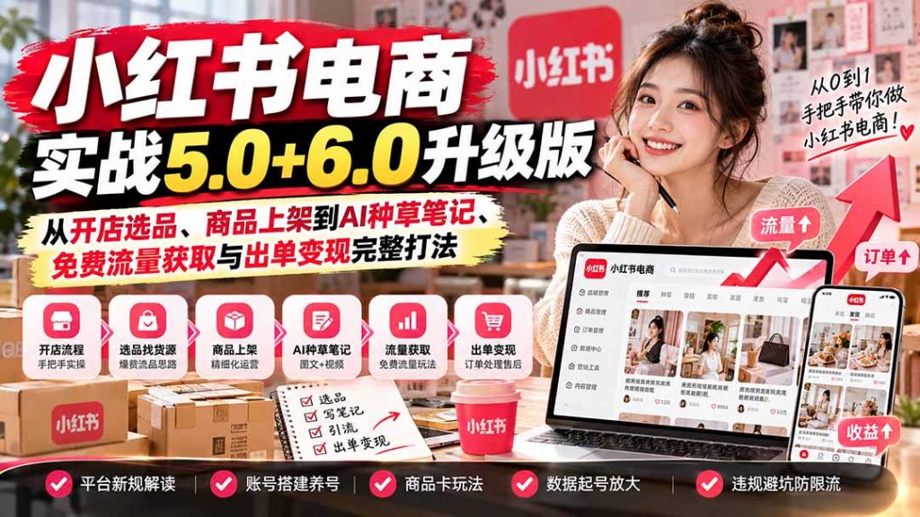 小红书电商实战5.0+6.0升级版：从开店选品、商品上架到AI种草笔记、免费流量获取与出单变现完整打法-孔明聊项目
