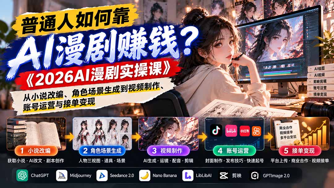 普通人如何靠AI漫剧赚钱？《2026AI漫剧实操课》从小说改编、角色场景生成到视频制作、账号运营与接单变现-孔明聊项目