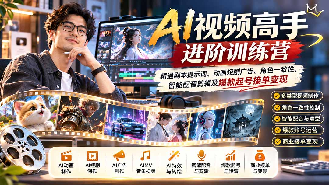 AI视频高手进阶训练营：精通剧本提示词、动画短剧广告、角色一致性、智能配音剪辑及爆款起号接单变现-孔明聊项目