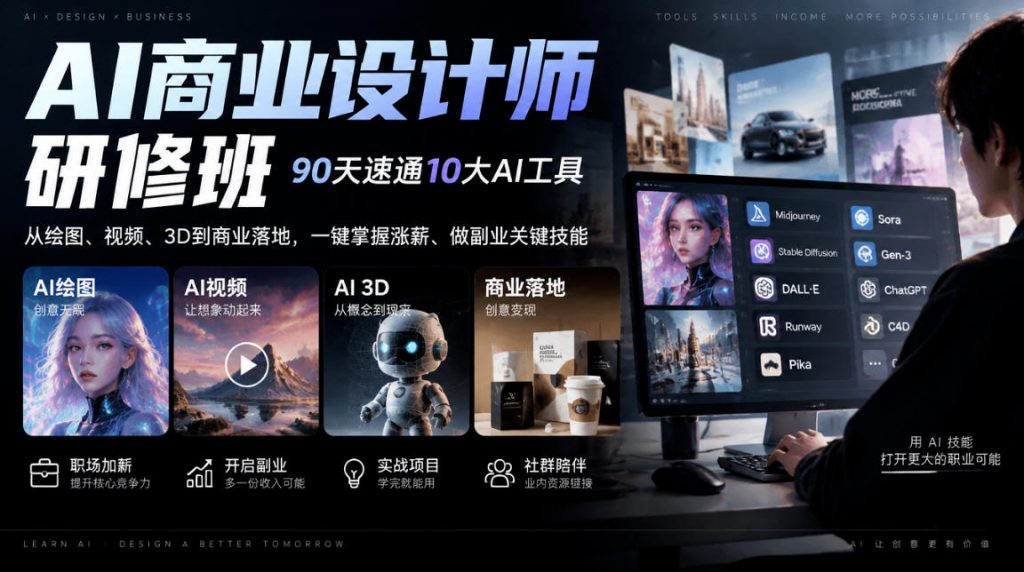 AI商业设计师研修班，90天速通10大AI工具，从绘图、视频、3D到商业落地，一键掌握涨薪、做副业关键技能-孔明聊项目