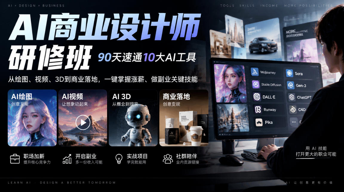 AI商业设计师研修班，90天速通10大AI工具，从绘图、视频、3D到商业落地，一键掌握涨薪、做副业关键技能-孔明聊项目