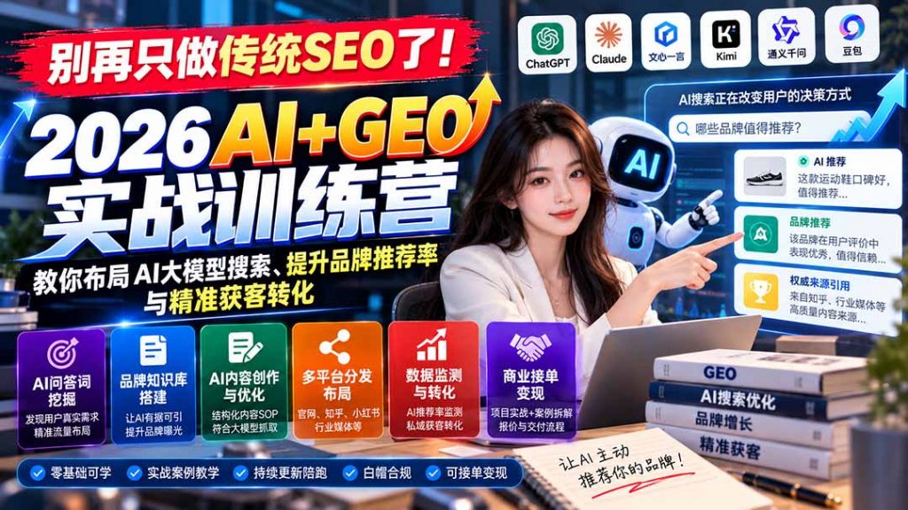 别再只做传统SEO了！《2026AI+GEO实战训练营》教你布局AI大模型搜索、提升品牌推荐率与精准获客转化-孔明聊项目