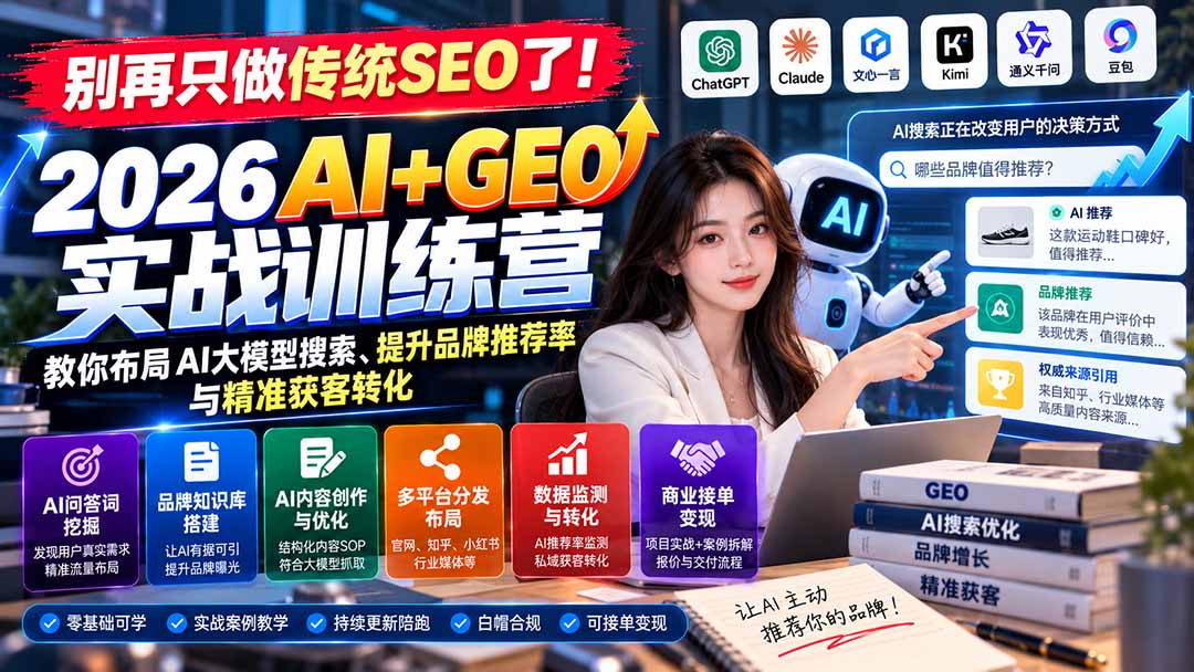 别再只做传统SEO了！《2026AI+GEO实战训练营》教你布局AI大模型搜索、提升品牌推荐率与精准获客转化-孔明聊项目