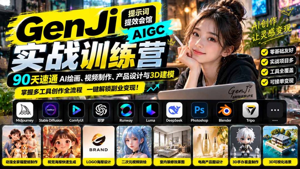 GenJi AIGC实战训练营：90天速通AI绘画、视频制作、产品设计与3D建模，掌握多工具创作全流程-孔明聊项目