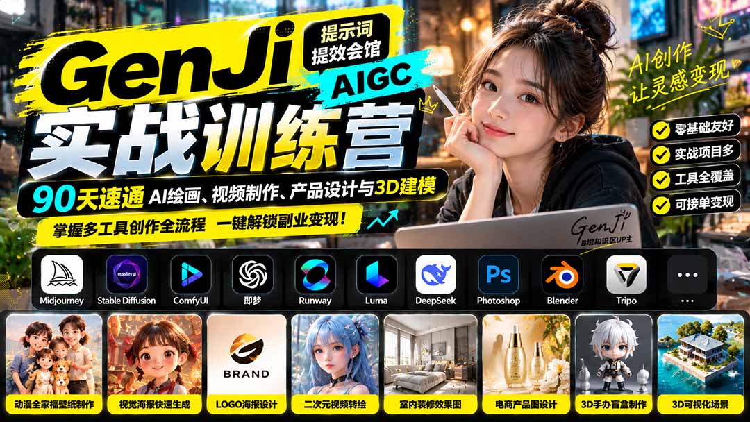 GenJi AIGC实战训练营：90天速通AI绘画、视频制作、产品设计与3D建模，掌握多工具创作全流程-孔明聊项目