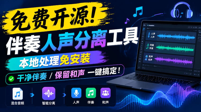 免费开源！伴奏人声分离工具，本地处理免安装，干净伴奏，保留和声一键搞定！-孔明聊项目