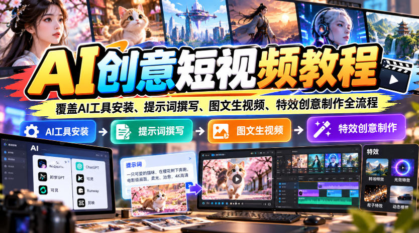 AI创意短视频教程，覆盖AI工具安装、提示词撰写、图文生视频、特效创意制作全流程-孔明聊项目