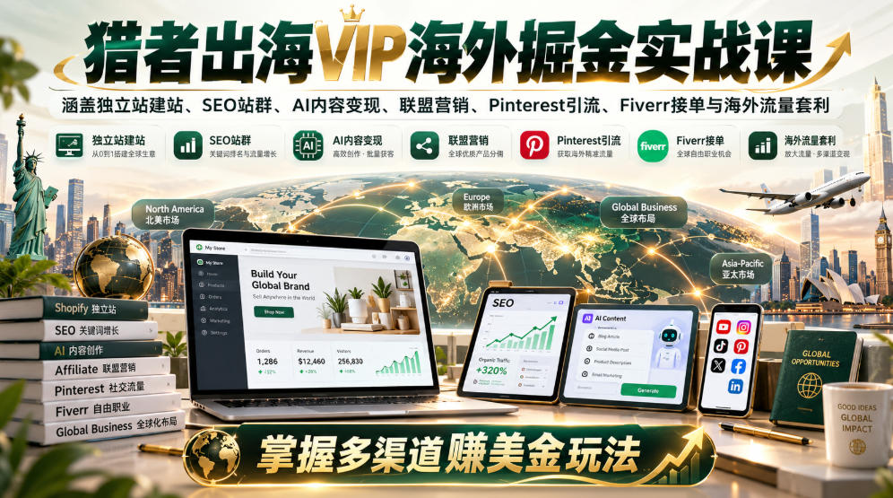 猎者出海VIP海外掘金实战课：涵盖独立站、SEO站群、AI变现、联盟营销、Pinterest引流、Fiverr接单与海外流量套利，掌握多渠道賺美金玩法-孔明聊项目