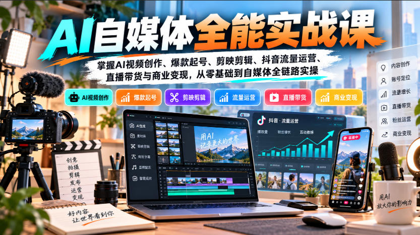 【无水印】AI自媒体全能实战课，掌握AI视频创作、爆款起号、剪映剪辑、抖音流量运营、直播带货与商业变现，从零基础到自媒体全链路实操-孔明聊项目