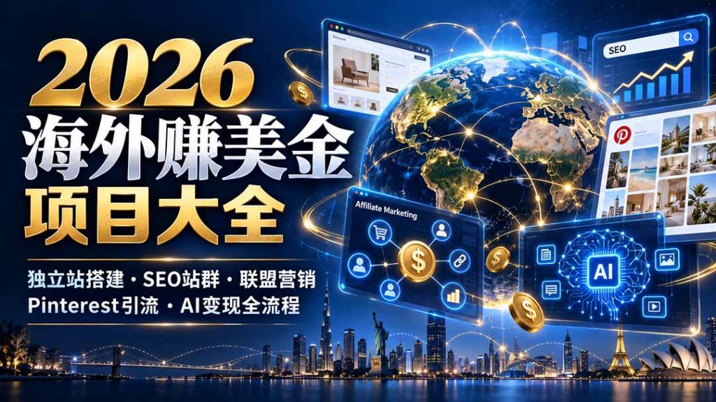 2026海外赚美金项目大全：独立站搭建、SEO站群、联盟营销、Pinterest引流与AI变现全流程-孔明聊项目