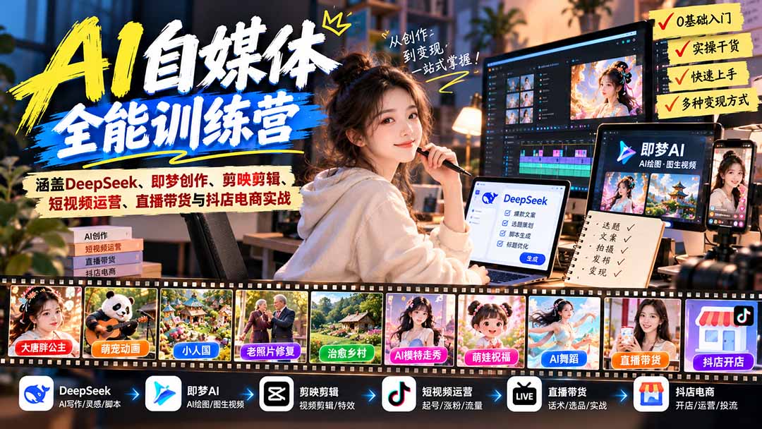 【无水印】AI+自媒体全能训练营：涵盖DeepSeek、即梦创作、剪映剪辑、短视频运营、直播带货与抖店电商实战-孔明聊项目