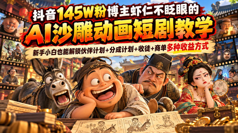抖音145W粉博主虾仁不眨眼的AI沙雕动画短剧教学，新手小白也能解锁伙伴计划+分成计划+收徒+商单多种收益方式-孔明聊项目