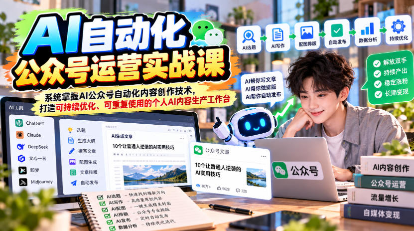 AI自动化公众号运营实战课，系统掌握AI公众号自动化内容创作技术，打造可持续优化、可重复使用的个人AI内容生产工作台-孔明聊项目