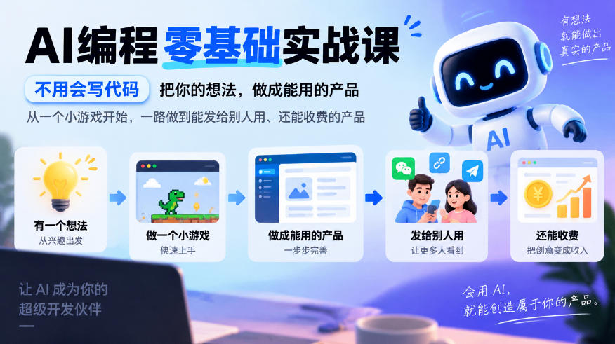 AI编程零基础实战课，不用会写代码，把你的想法，做成能用的产品，从一个小游戏开始，一路做到能发给别人用、还能收费的产品-孔明聊项目