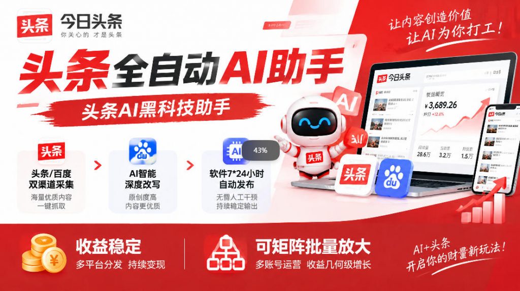 今日头条AI助手，AI自动改写优化，一键发布头条，小白轻松上手，可批量矩阵放大收益【揭秘】-孔明聊项目
