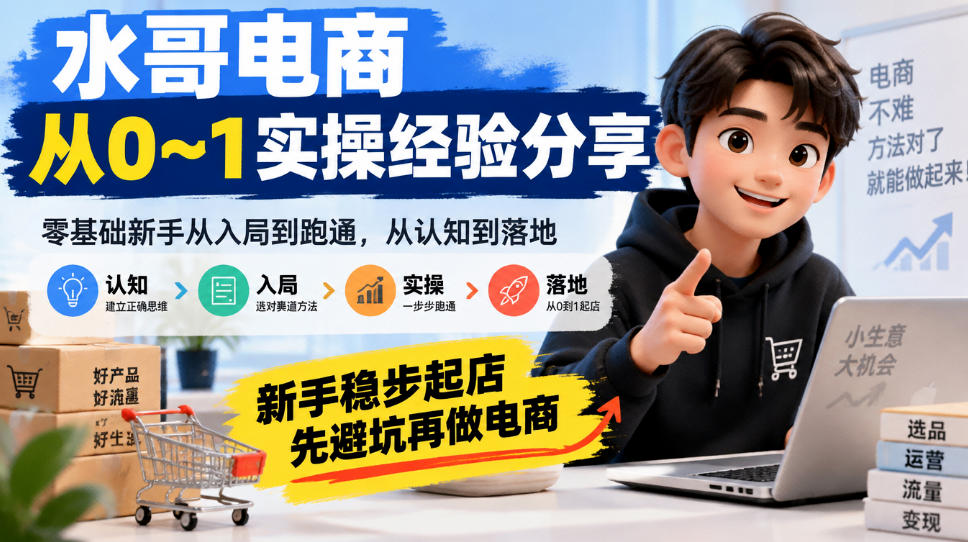 水哥电商从0~1实操经验分享，​零基础新手从入局到跑通，从认知到落地，新手稳步起店，先避坑再做电商-孔明聊项目