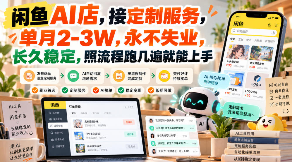 闲鱼AI店，接定制服务，单月2-3W，永不失业，长久稳定，照流程跑几遍就能上手-孔明聊项目