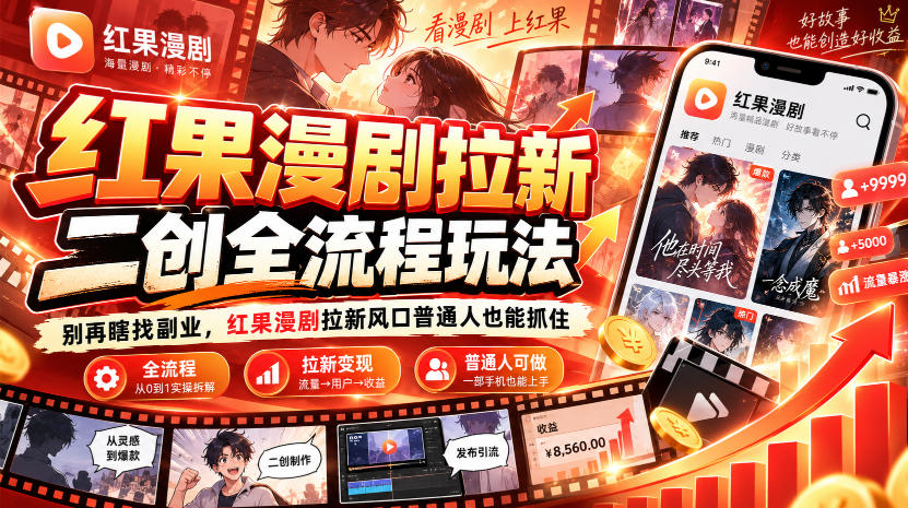 红果漫剧拉新之二创全流程玩法，别再瞎找副业，红果漫剧拉新风口普通人也能抓住-孔明聊项目