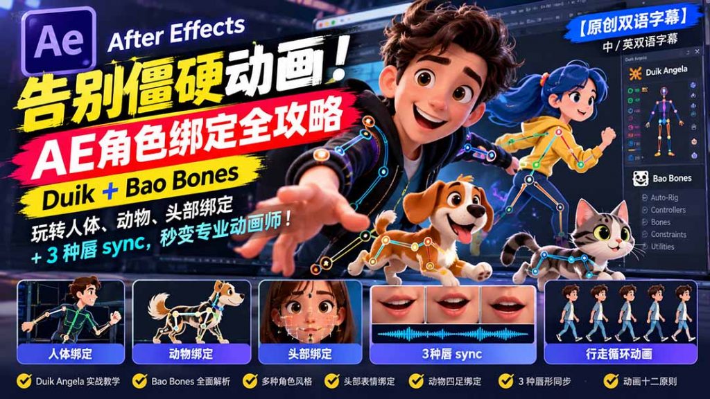 【无水印】告别僵硬动画！AE 角色绑定全攻略：Duik+Bao Bones玩转人体/动物/头部绑定+3种唇sync，秒变专业动画师-孔明聊项目