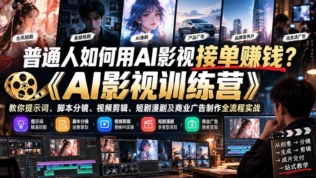 普通人如何用AI影视接单赚钱？《AI影视训练营》教你提示词、脚本分镜、视频剪辑、短剧漫剧及商业广告制作全流程实战-孔明聊项目